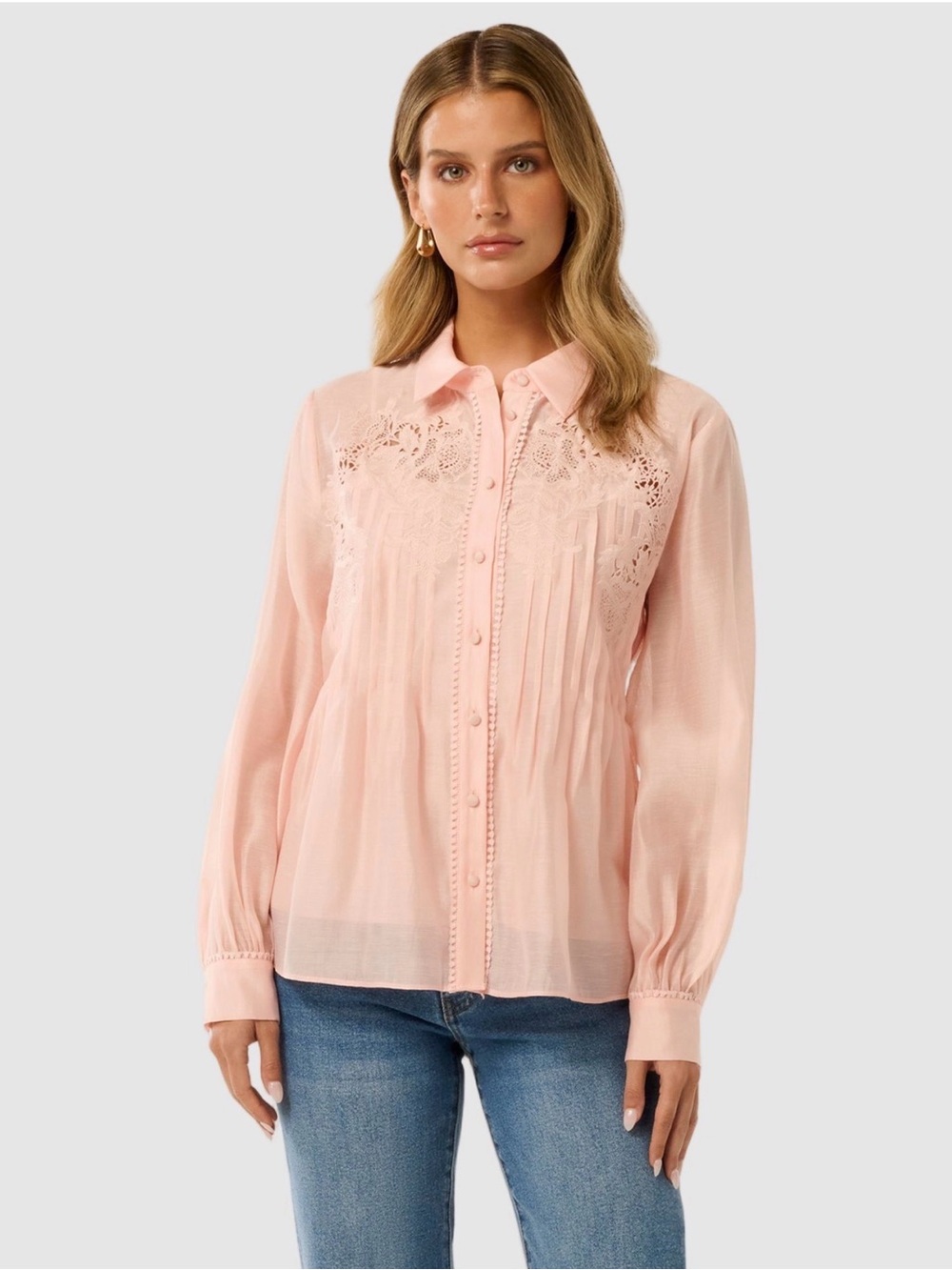 Ever New Blush Pink Lace Pintuck Button-Down Blouse